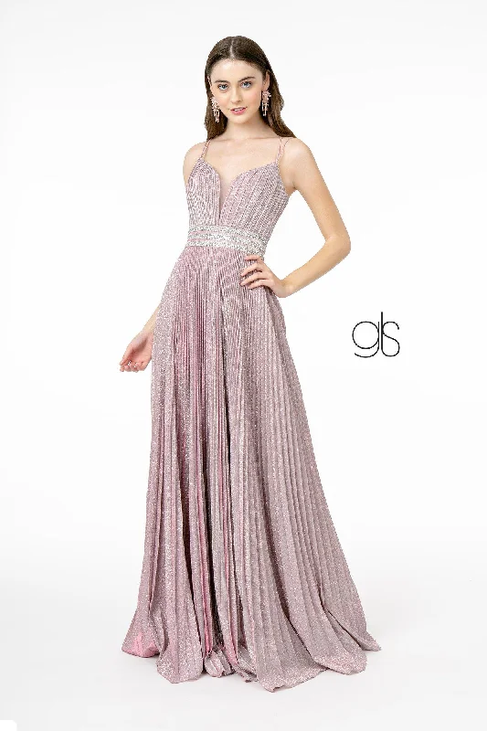 Evening Dress with Ruched Bodice-Pleated Long A-Line Metallic Glitter Dress by Elizabeth K GL2905