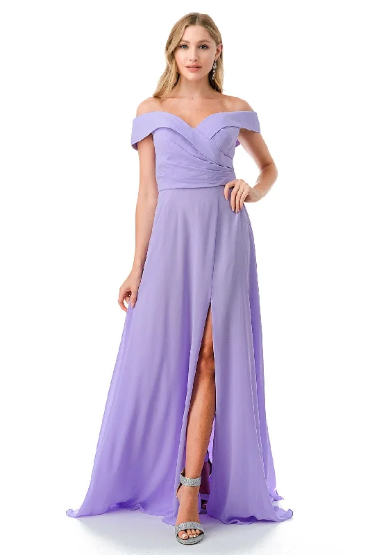 Evening Dress with Transparent Silk Overlay-Pleated Off Shoulder A-line Slit Gown by Coya L2767Y