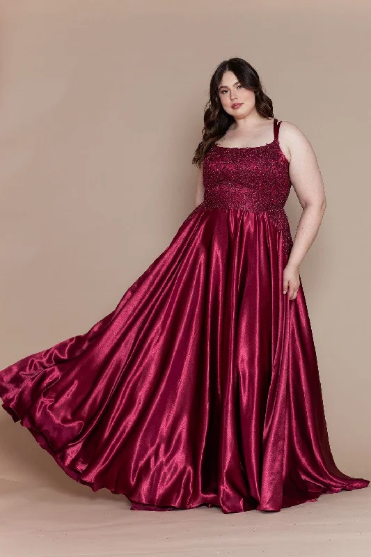 Evening Dress with Satin Skirt and Lace-Plus Size Embroidered Long Satin A-line Dress by Poly USA W1094