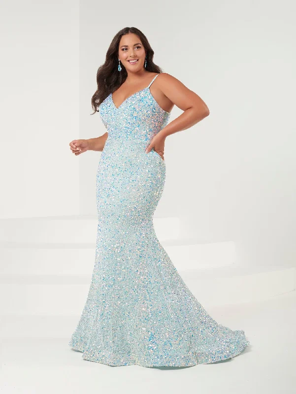 Evening Dress for Charity Event-Plus Size Fitted Sequin V-Neck Gown by Tiffany Designs 16956