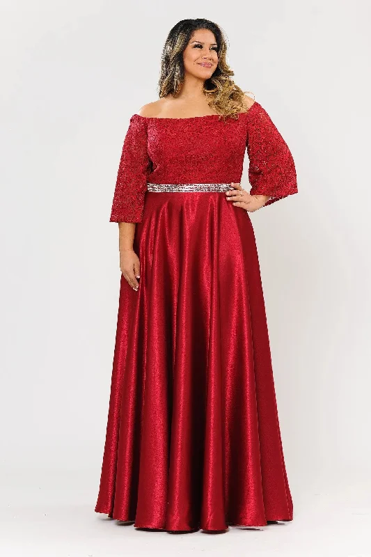 Evening Dress with Glittering Top-Plus Size Long Off Shoulder Dress with Sleeves by Poly USA W1008