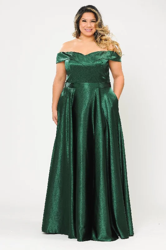 Evening Dress with Detailed Train-Plus Size Long Off Shoulder Satin Dress by Poly USA W1058