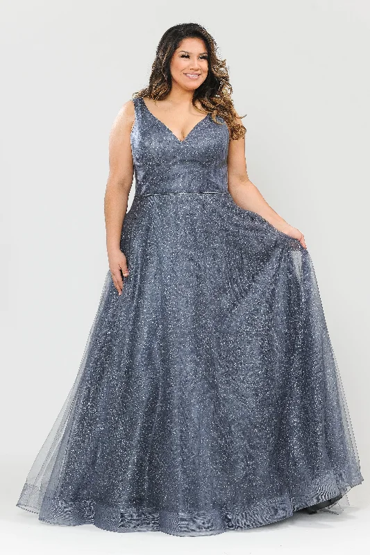 Evening Dress with Elegant Embroidery-Plus Size Long V-Neck Glitter Dress by Poly USA W1024