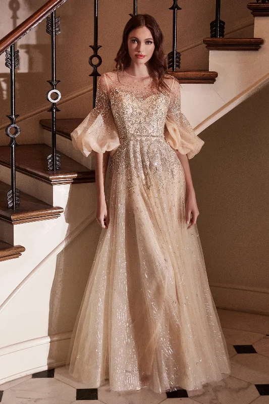 Evening Dress with Lace Bodice and Satin Train-Puff Mid-Sleeve Tulle Gown by Cinderella Divine B703