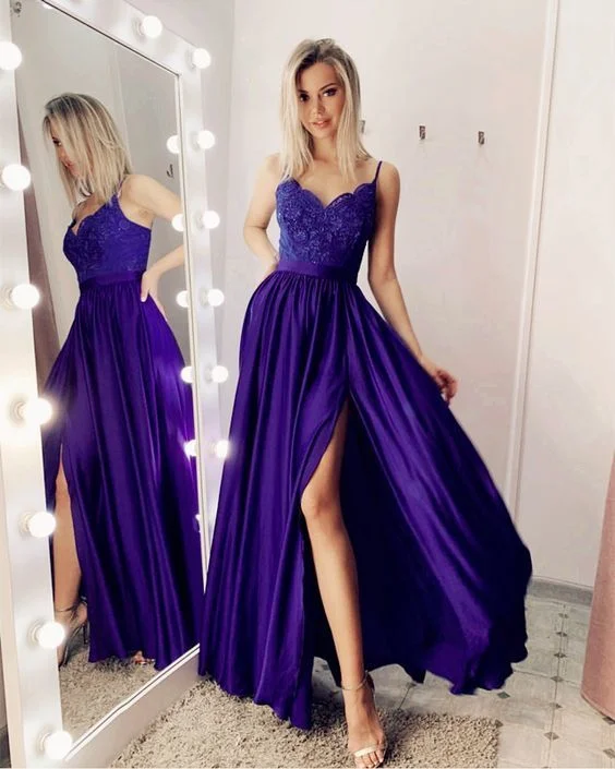 Evening Dress with Soft Tulle-purple chiffon split prom dresses C2329