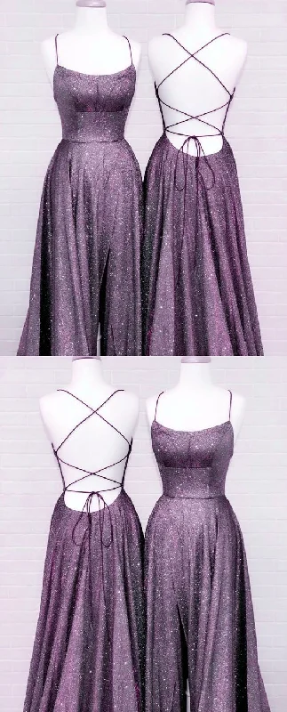 Evening Dress with Sparkling Fabric-Purple Glitter Prom Dresses Side Split Lace Up Back C2332