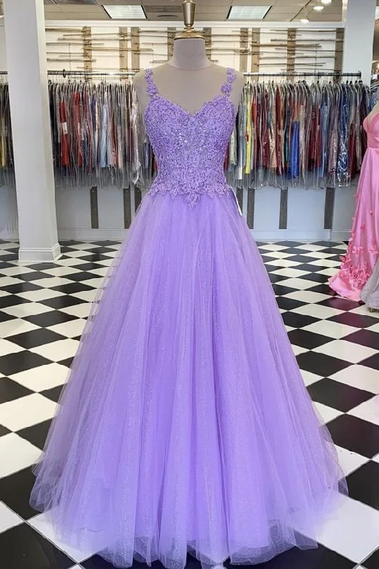 Evening Dress with V-Neckline-Purple lace long prom dress ,sleeveless prom dress  C2339