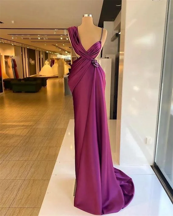 Evening Dress with Layered Crystal Bodice-Purple Prom Dresses Beaded Crystals Ruched Pleats Satin Spaghetti Straps Formal Evening Gown c2470