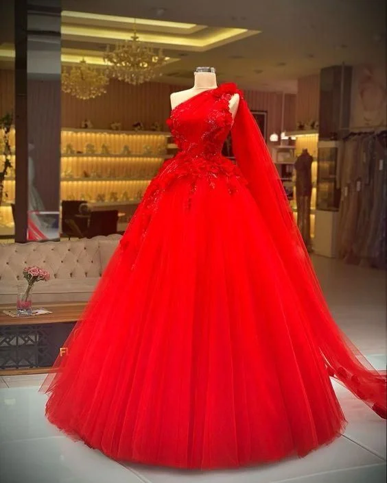 Evening Dress with Satin Train and Beads-Red ball gown long prom dress, evening dress C2150