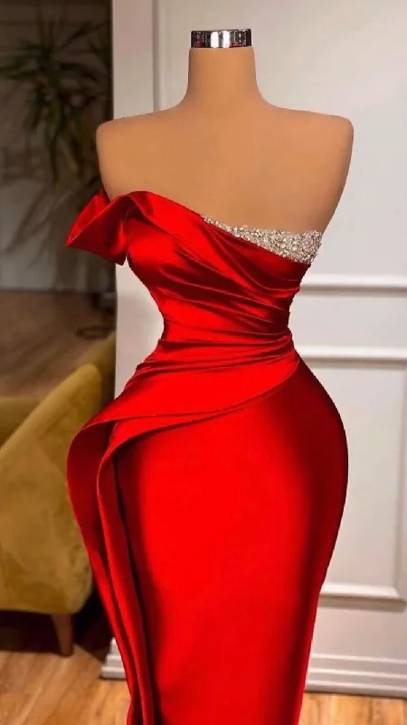 Evening Dress with Beaded Mesh Bodice-Red Mermaid Prom Dresses Simple Party Dress C2375