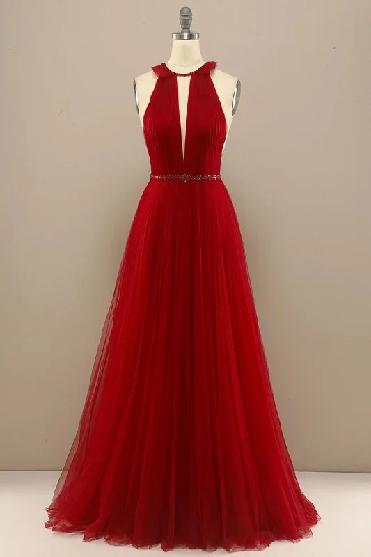 Evening Dress for Outdoor Event-Red Pleated Long Chiffon Prom Dress C1872