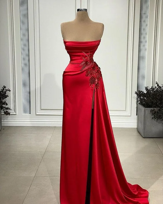 Evening Dress with Satin Bustier-Red Satin Prom Dresses evening gowns C1303