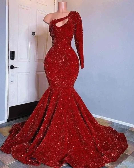 Evening Dress for Garden Party-Red Sequined Black Girls Mermaid Prom Dresses, Plus Size One Shoulder Long Sleeve Sequined Keyhole Prom Gowns  C1816