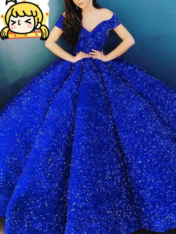 Evening Dress for Black-Tie Dinner-Royal Blue Ball Gown Off The Shoulder Prom Dress C2173