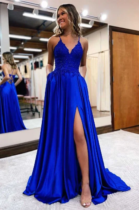 Evening Dress with Crystal and Lace Design-Royal Blue Lace Lace-Up Long Prom Dress C2401