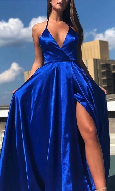 Evening Dress with Satin and Mesh Design-Royal blue long prom dresses, simple prom party dresses, cheap prom dresses C1968