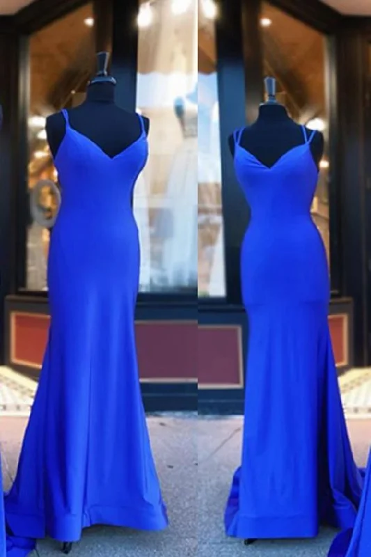 Evening Dress with Silk Drapes-Royal Blue Mermaid Long Prom Dresses Simple Popular Formal Dresses  C1653