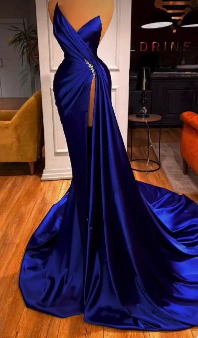 Evening Dress with Draped Bodice-Royal Blue Mermaid Prom Dress With High Split  C1263