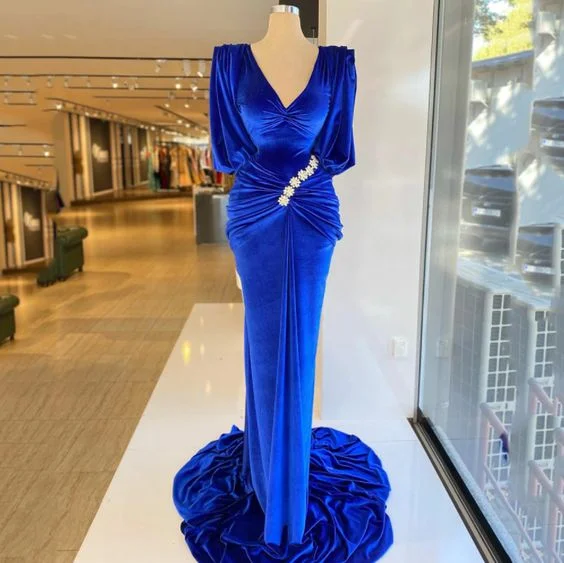 Evening Dress with Satin and Tulle Layers-Royal Blue Velvet Mermaid Prom Dress Long Puffy Sleeves V-Neck Evening Dress Pleats Beading Evening Gowns C1932