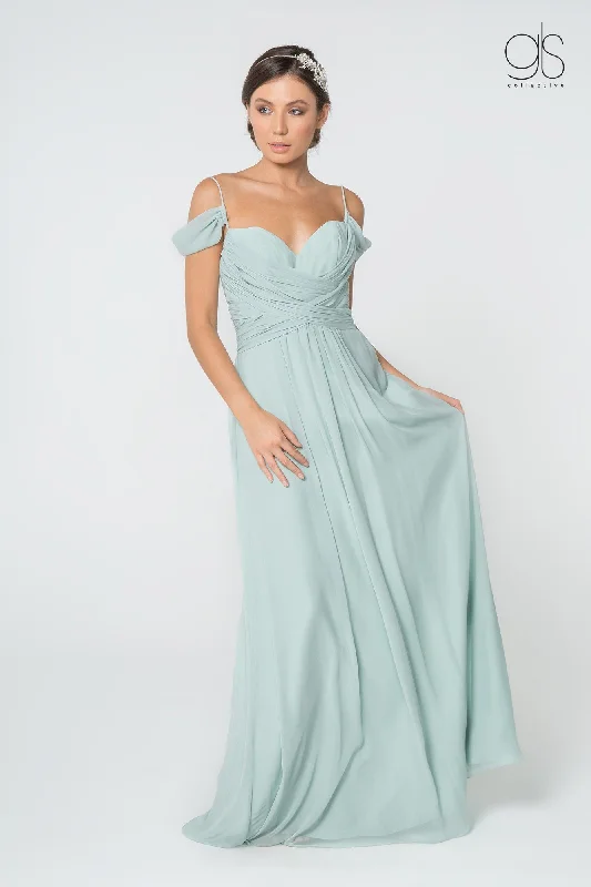 Evening Dress with Satin and Tulle Skirt-Ruched Long A-line Cold Shoulder Dress by Elizabeth K GL2824