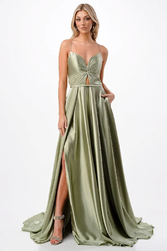 Evening Dress for Elegant Celebration-Satin Twist Front Slit Gown by Coya P2216