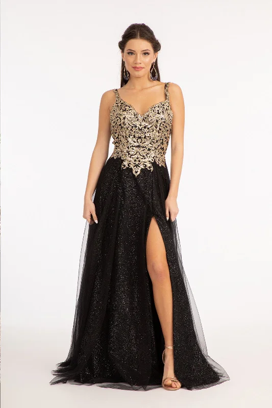 Evening Dress for Formal Gathering-Sequin Bodice A-line Slit Gown by Elizabeth K GL3020