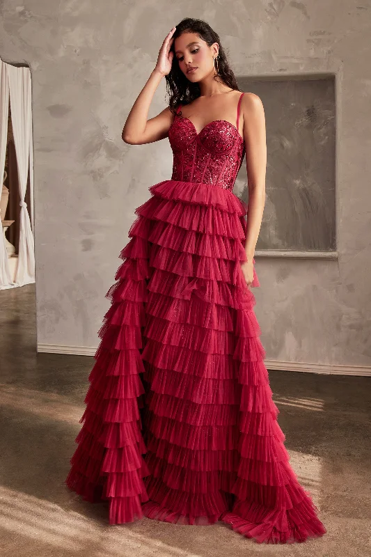 Evening Dress with Draped Silhouette-Sequin Bodice Sleeveless Ruffled Tiered Gown by Ladivine CB143