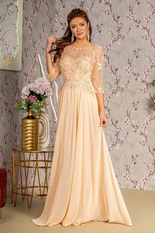 Evening Dress with Beads and Soft Lace-Sequin Embroidered 3/4 Sleeve Gown by GLS Gloria GL3446 - Outlet