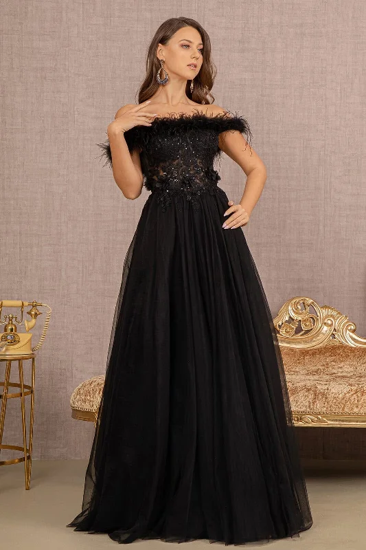 Evening Dress with Tiered Tulle Skirt-Off Shoulder Feather A-line Gown by GLS Gloria GL3138