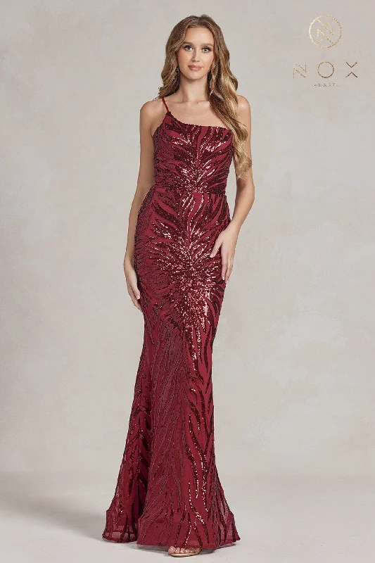 Evening Dress for Garden Party-Sequin Print One Shoulder Gown by Nox Anabel R1204