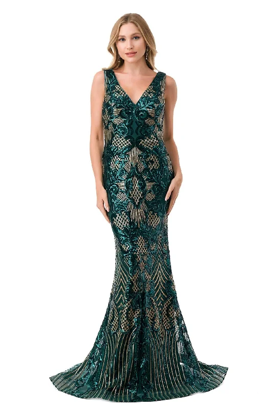 Evening Dress with Beaded Satin Bodice-Sequin Print Sleeveless Mermaid Dress by Coya M2803Y