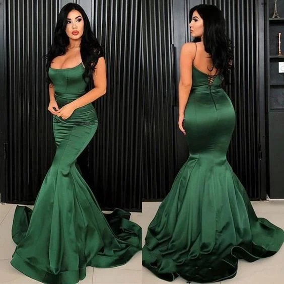 Evening Dress for Evening Celebration-Sexy Mermaid Emerald Satin Lace Up Back Spaghetti Straps Long Prom Dresses C277