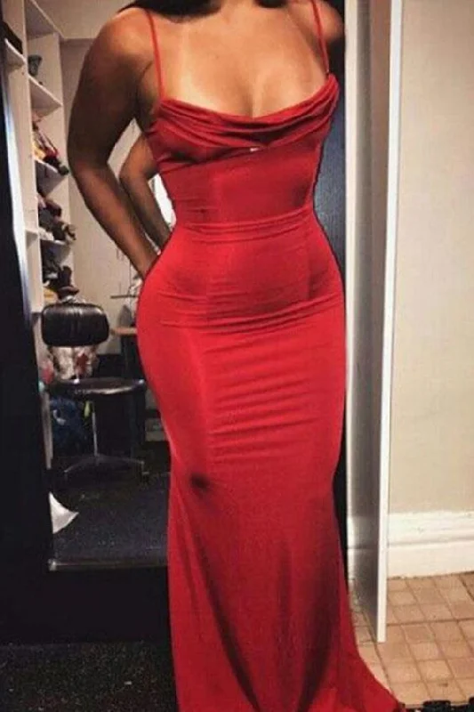 Evening Dress with Off-Shoulder Neckline-Sexy Mermaid Spaghetti Straps Red Satin Long Prom Dress  C2293