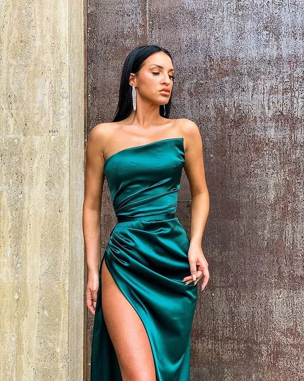 Evening Dress for Formal Dinner-Sexy Mermaid Strapless Dark Green Satin Prom Dresses, Split Party Dresses C1506