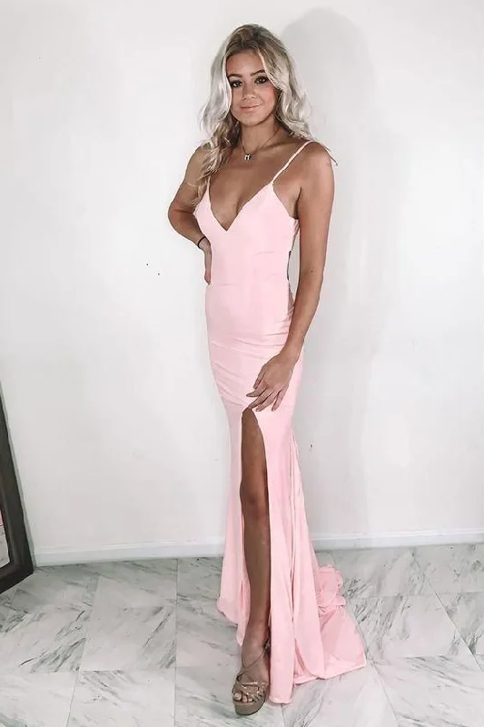 Evening Dress for Holiday Celebration-Sexy pink prom dress with v neckline  C1415