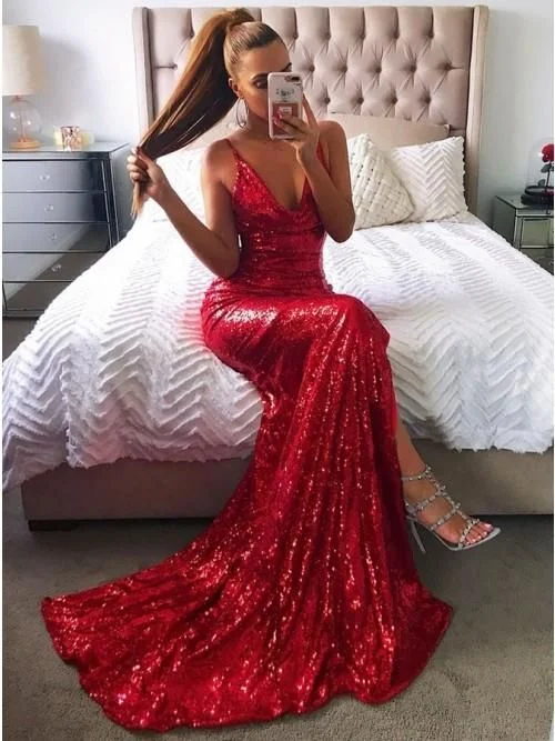 Evening Dress with Pleated Satin Train-Sexy Shinning Prom Dress, Evening Dress, Special Occasion Dress, Formal Dress, Graduation School Party Gown  C1399