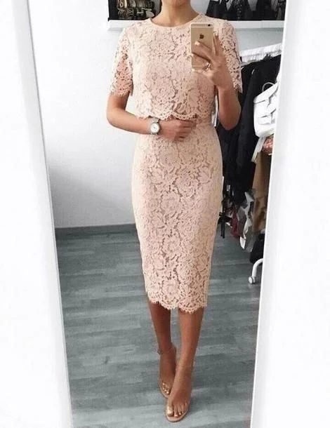 Evening Dress with Back Drapes and Beads-Sexy Short Sleeve Lace Sheath Evening Dress, Formal Prom Dress, Women Dress C1079