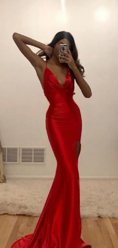 Evening Dress with Metallic and Satin-Sexy V-neck Mermaid Long Red Prom Dresses C1488