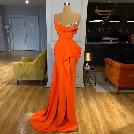 Evening Dress with Sheer Mesh and Satin-Sheath Evening Dress Orange Party Dress Mermaid Formal Dress C2141