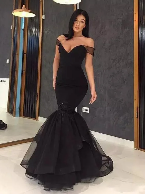 Evening Dress for VIP Event-Sheer Black Organza Off The Shoulder Mermaid Sexy Tiered Ruffles Deep V Neck Prom Dresses  C179