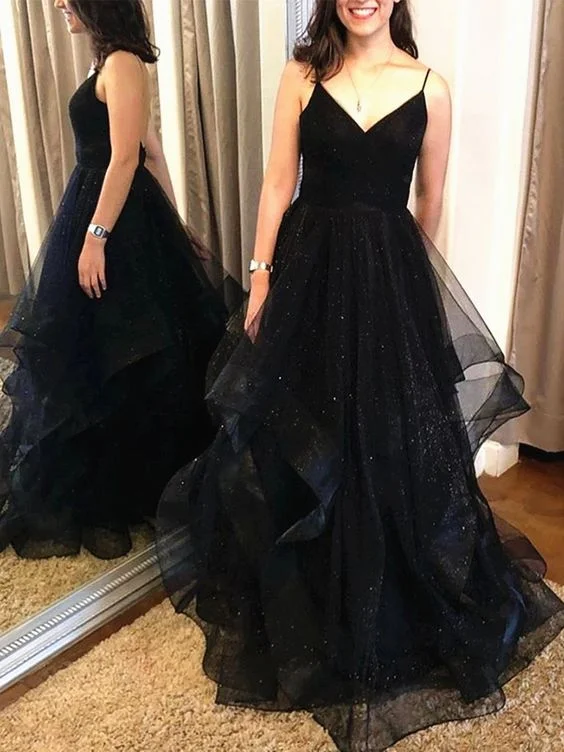 Evening Dress with Satin Bodice and Mesh-Shiny A Line V Neck Black Backless Prom Dresses, Black Open Back Formal Evening Dresses C583