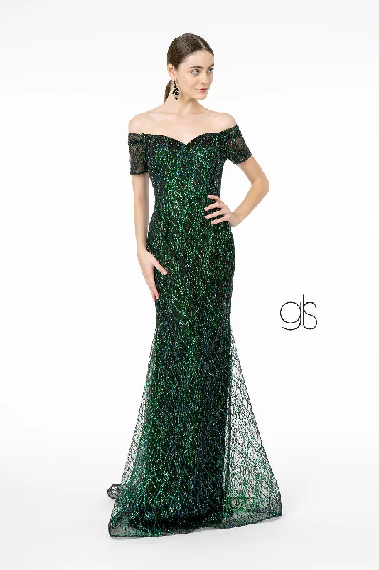 Evening Dress with V-Neckline-Short Sleeve Long Glitter Mermaid Dress by Elizabeth K GL1846