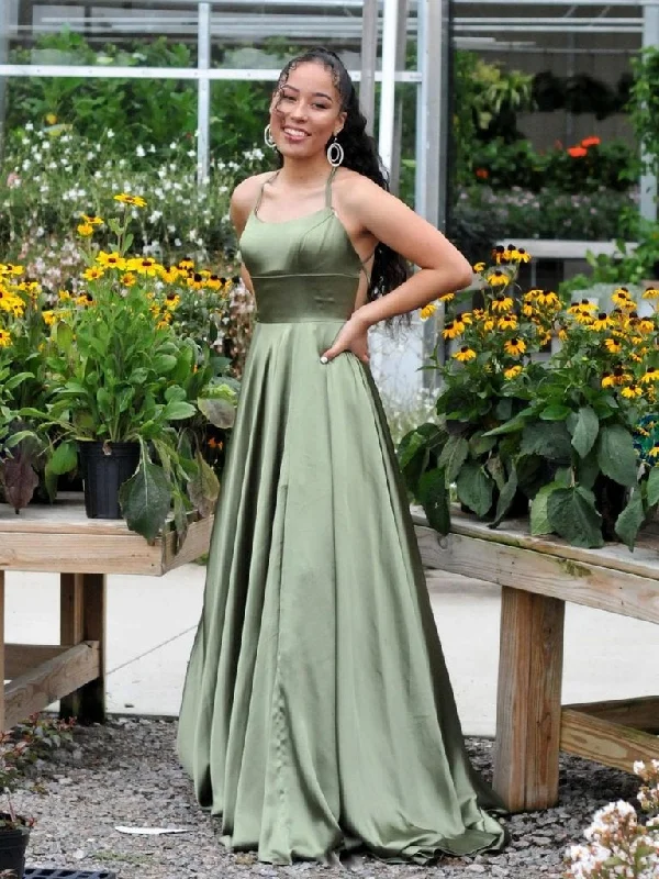 Evening Dress with Crystal-Cut Detailing-Simple green satin long prom dress, green evening dress  C2071