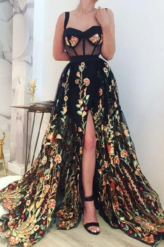 Evening Dress with Beaded Hem-Simple Long Prom Dresses Lace Cheap Slit Party Gowns Evening Dress C1680