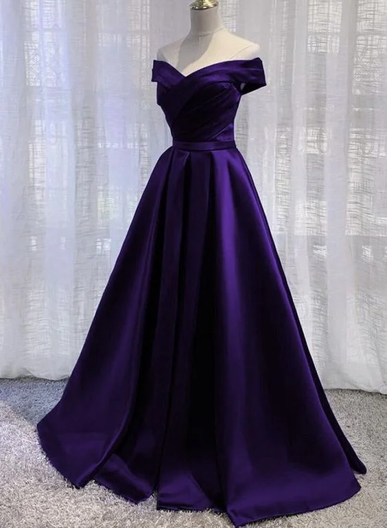 Evening Dress for Garden Party-Simple Off Shoulder Satin Long Prom Dress, Dark Purple Party Dress Evening Gown C1673