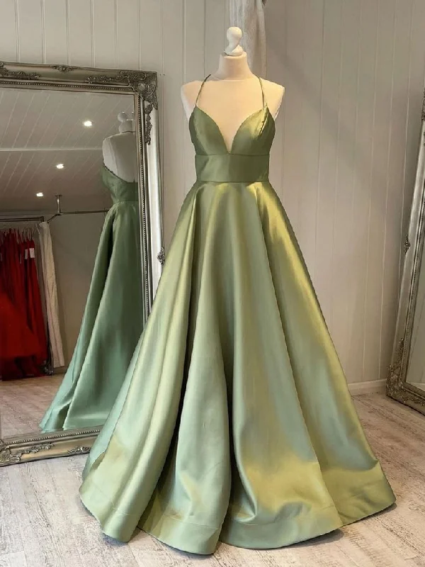 Evening Dress with Ruched Waistline-Simple Satin V-neck Prom Dresses A-line Long Evening Dresses Womens Dresses Formal Gown C2030