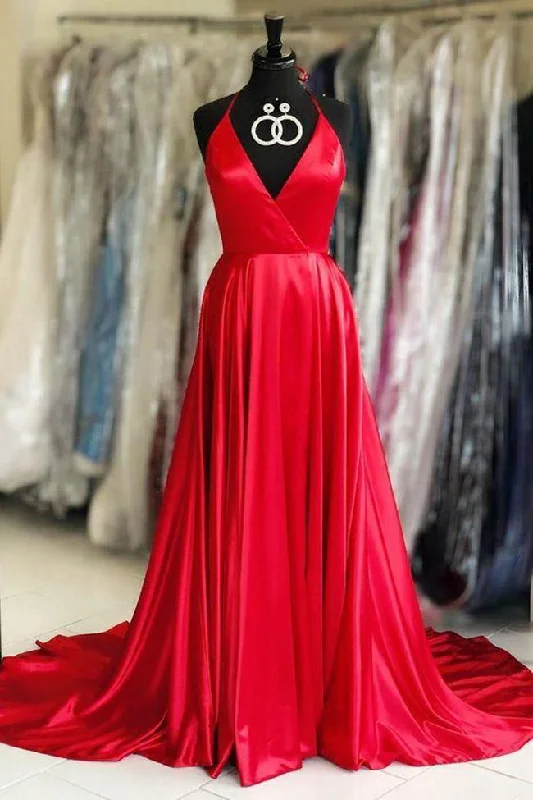 Evening Dress with Tiered Tulle Skirt-Simple Spaghetti Straps V Neck Red Satin Prom Dresses Formal Evening Dress Party Gown C1386