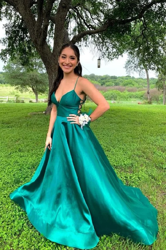 Evening Dress for Luxury Cocktail Party-simple straps a-line green long prom dress C962