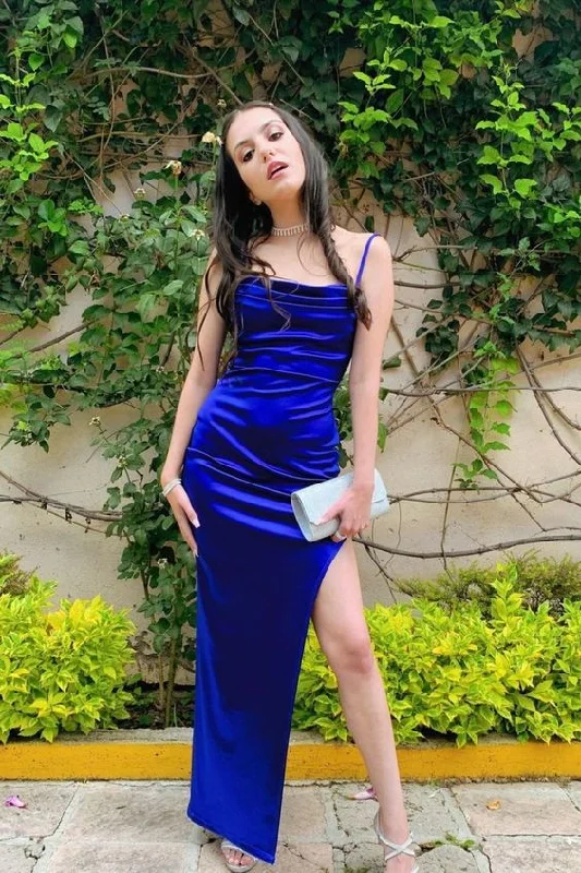 Evening Dress with Crystal and Velvet-simple straps royal blue long prom dress with slit C932