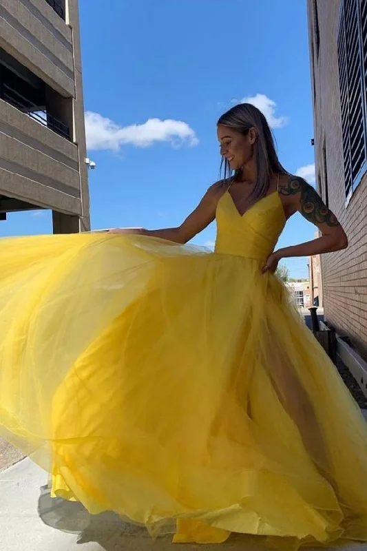 Evening Dress with Off-Shoulder Neckline-Simple V-Neck Yellow Long Prom Dress  C965